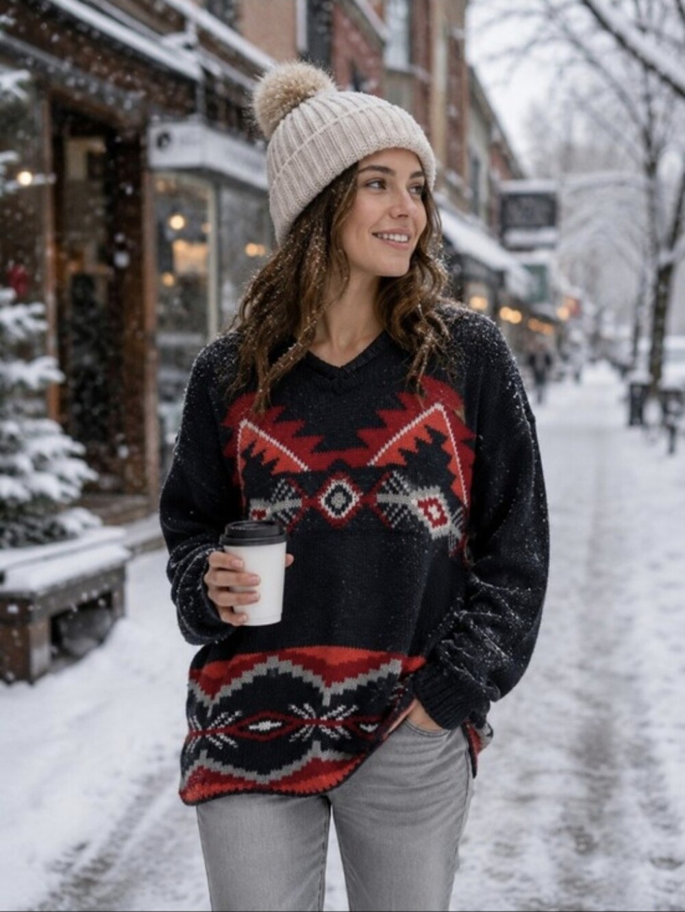 Zara Black V-Neck Sweater with Red Geometric Pattern